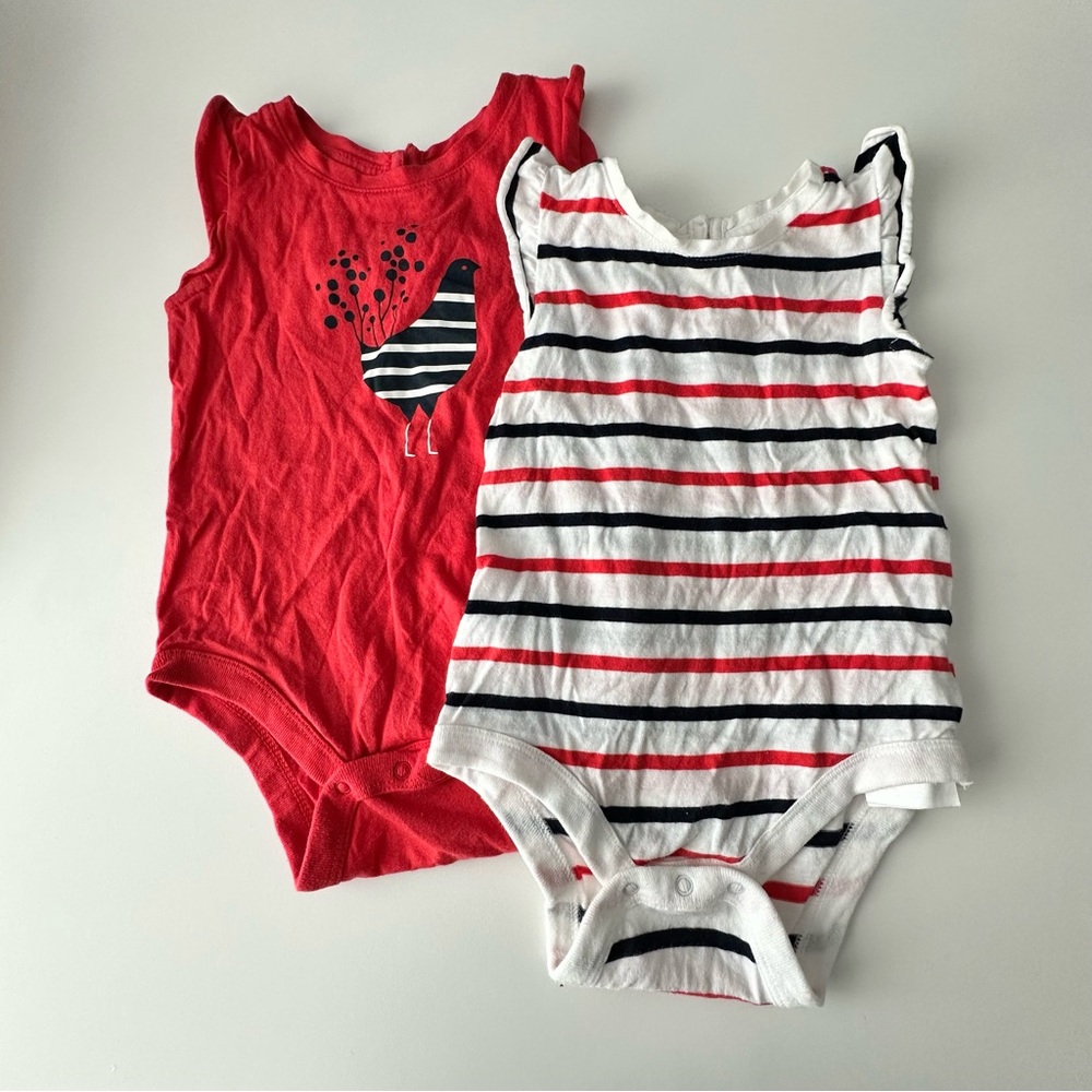 LOT of 2 Baby Gap Ruffle Sleeves Onesie - Striped and Solid Red Black/White Bir…